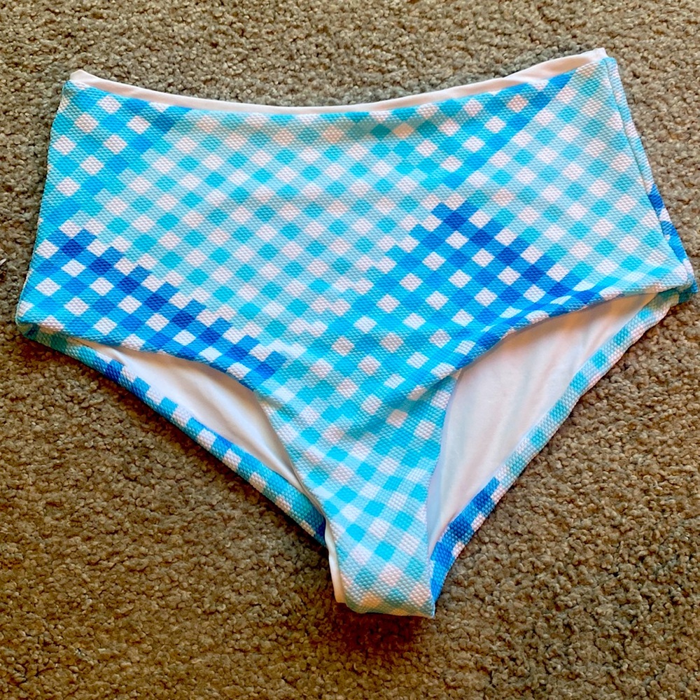 l*space Blue and White Gingham High-Waist Bikini Bottoms